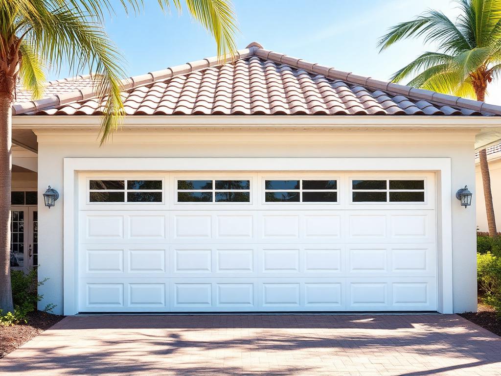 After: new insulated white garage door with window panels on the same home
