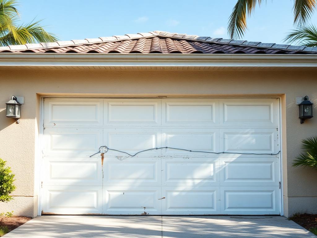 Before: dented and faded white garage door on a Kendall home