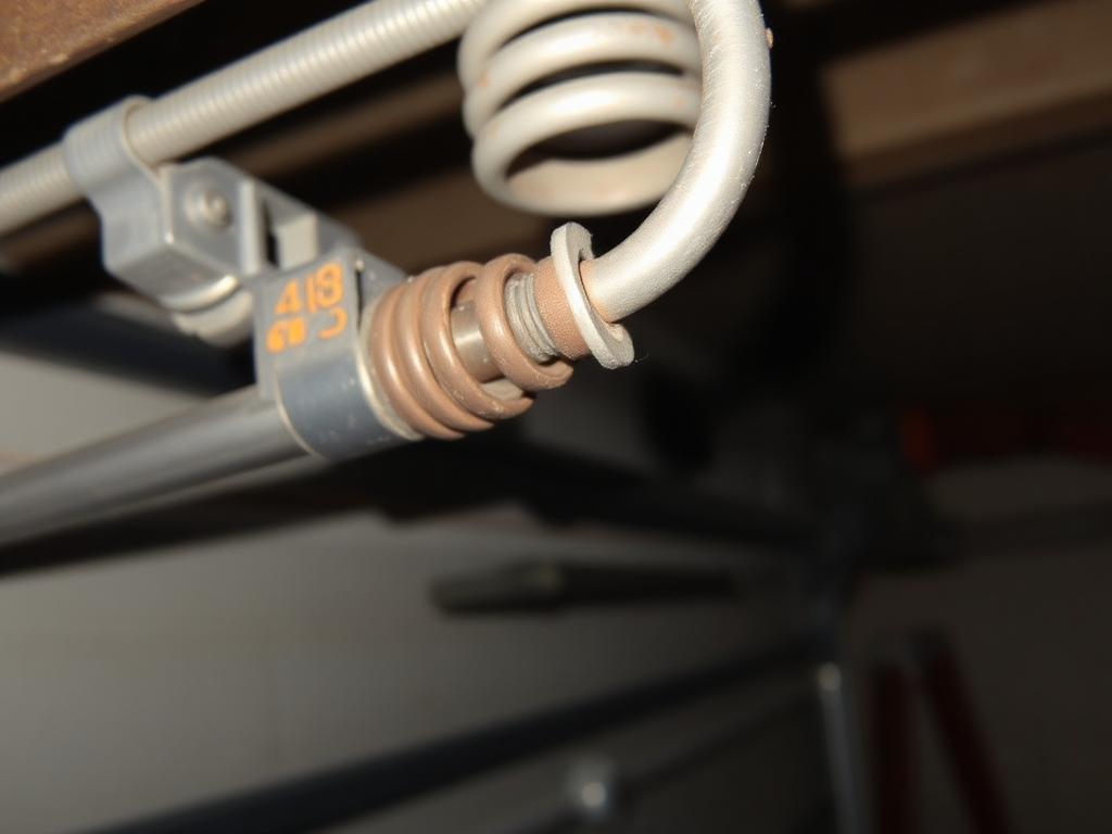 Before: rusted broken torsion spring on a garage door shaft