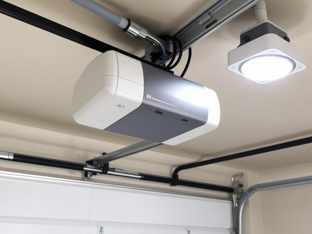After: new quiet belt drive opener with LED lighting and clean wiring