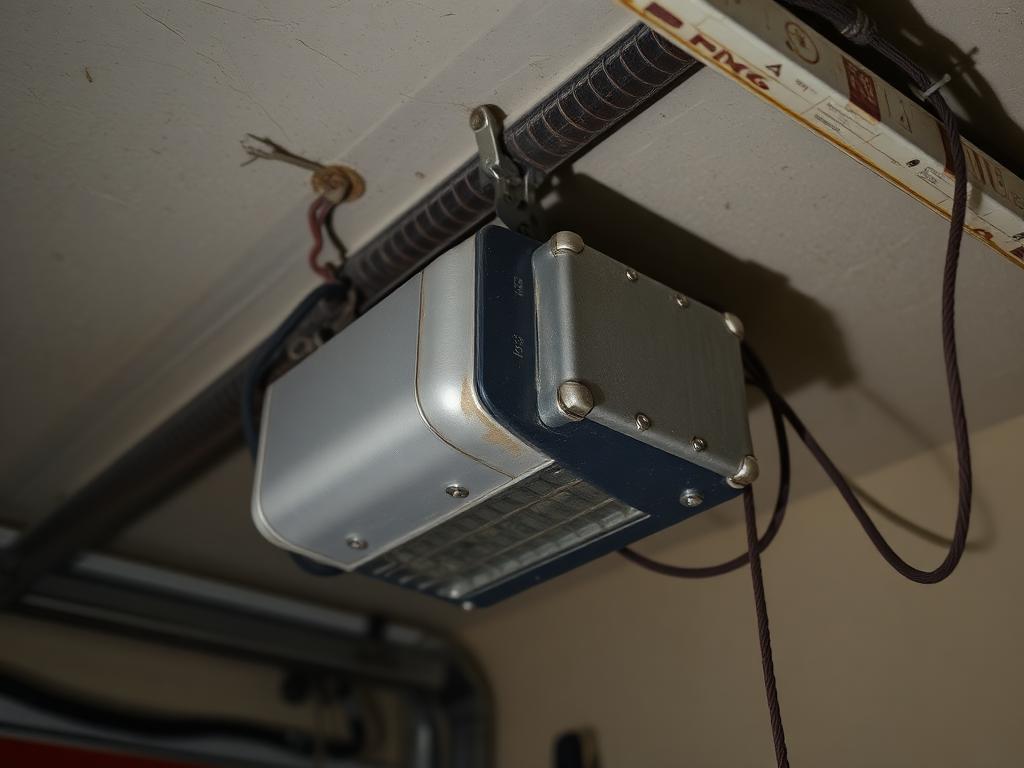 Before: old dusty chain drive garage door opener with tangled wiring
