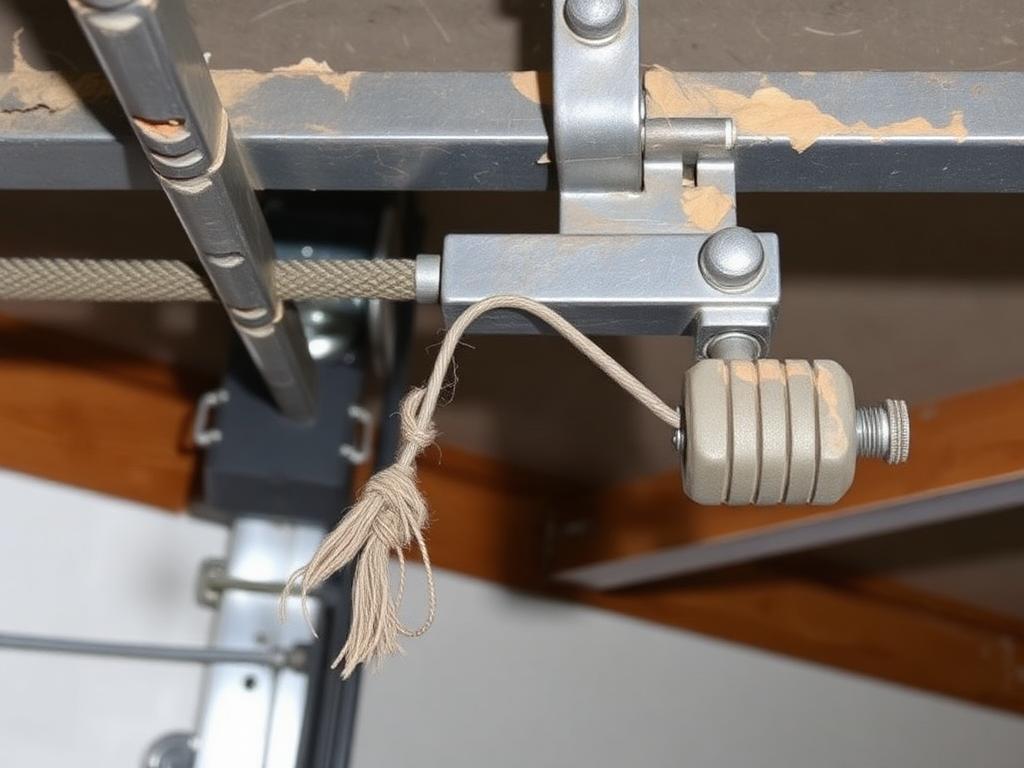 Before: bent garage door track with a frayed lift cable and worn roller